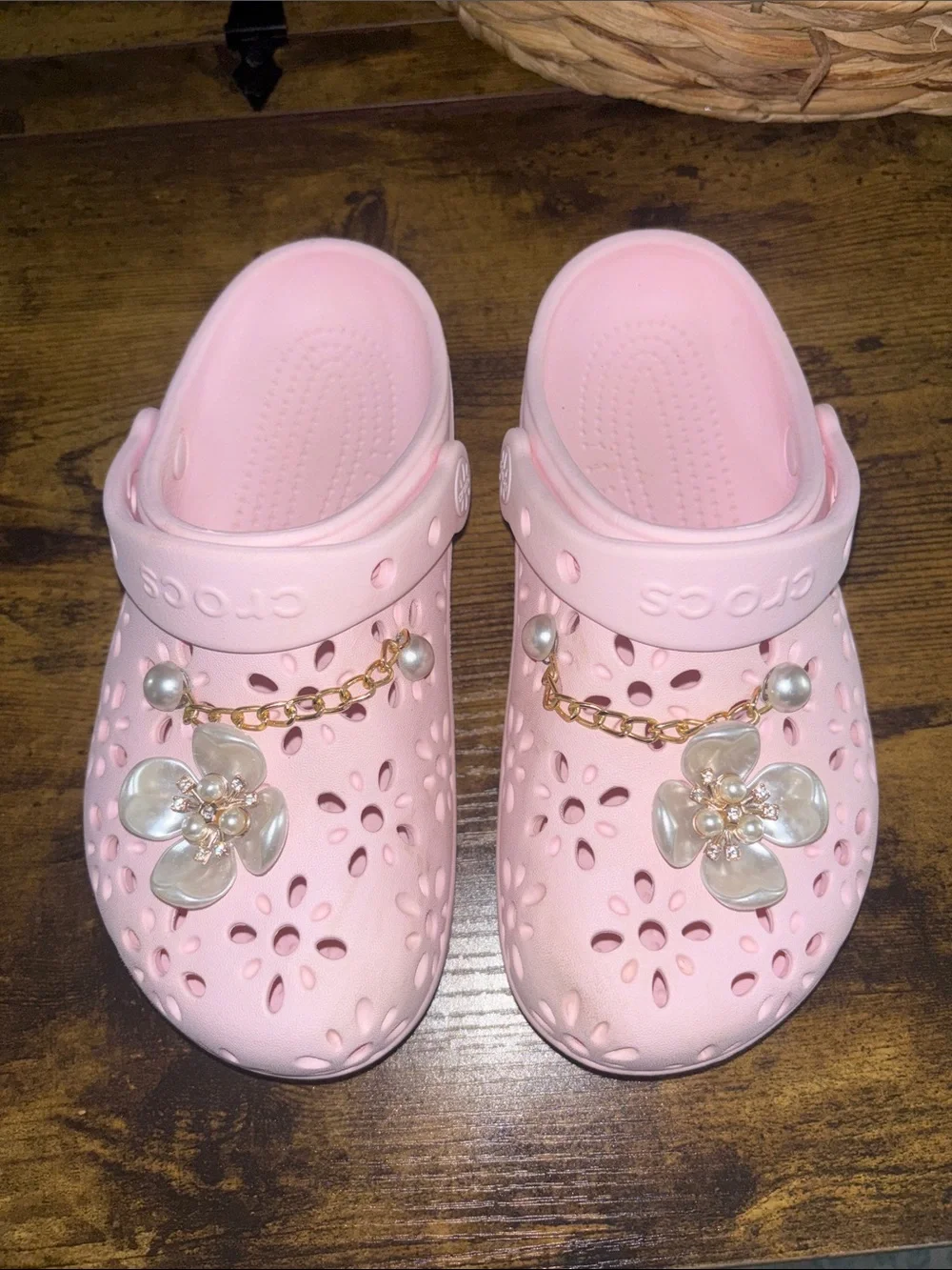 CROCS Kids Pink Floral Pearl-Chain Clogs